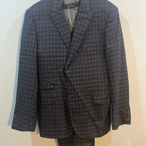 Tiglio Luxe Barbera 3-Piece Suit 46R Wool Blue Gray Plaid Jacket Vest Pants